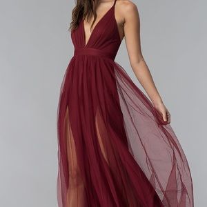 Deep V Neck Long Wine Red Dress